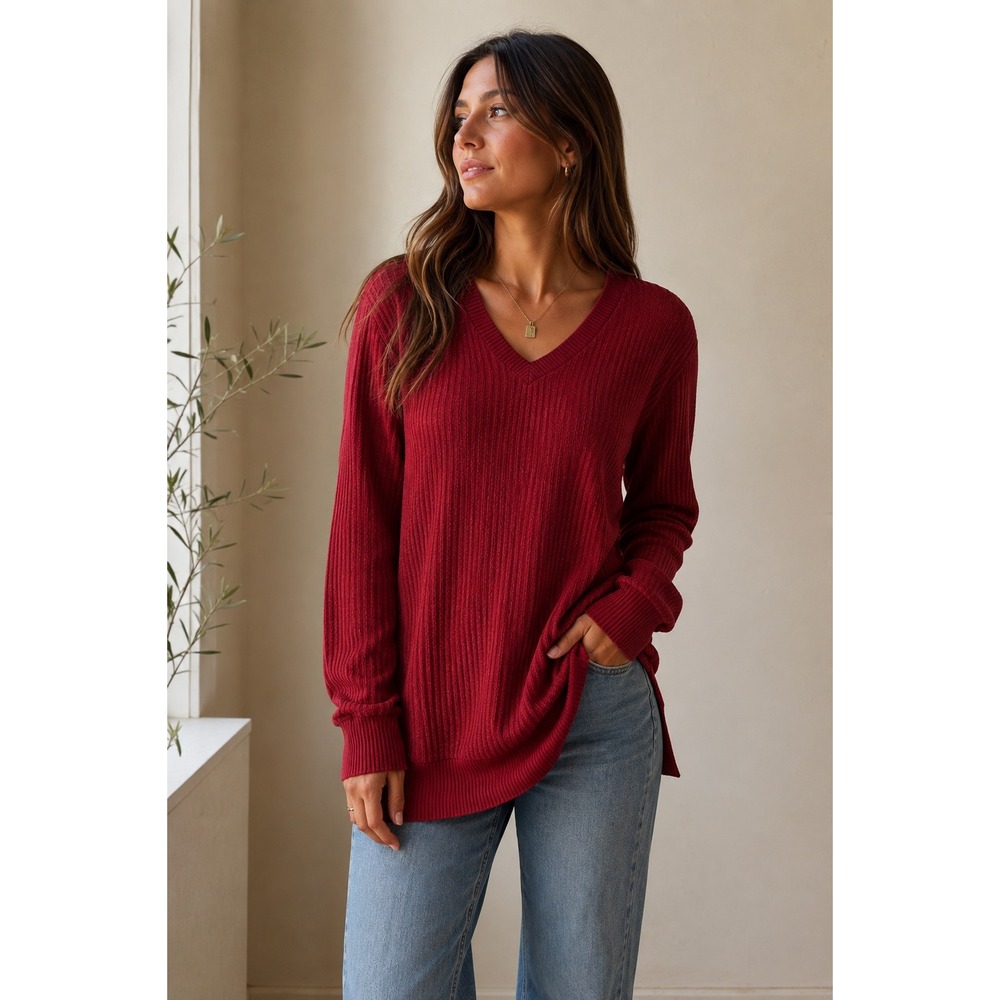 Lildy Waffle Knit V-Neck Tunic Top Red Size L/XL Oversized Thermal Sweater